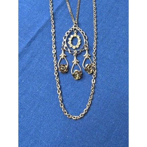 Unbranded Jewelry - Silver Layered Double Chain Rhinestone Roses Victorian Romantic Necklace 17"
